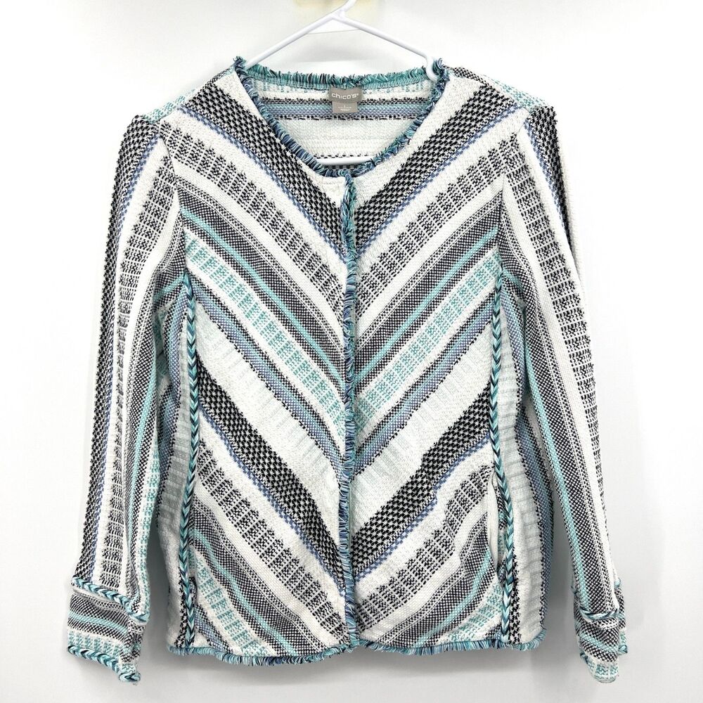 Chico's Size 1 M Woven Tweed Fringe Jacket Blue White Striped Chevron Cotton